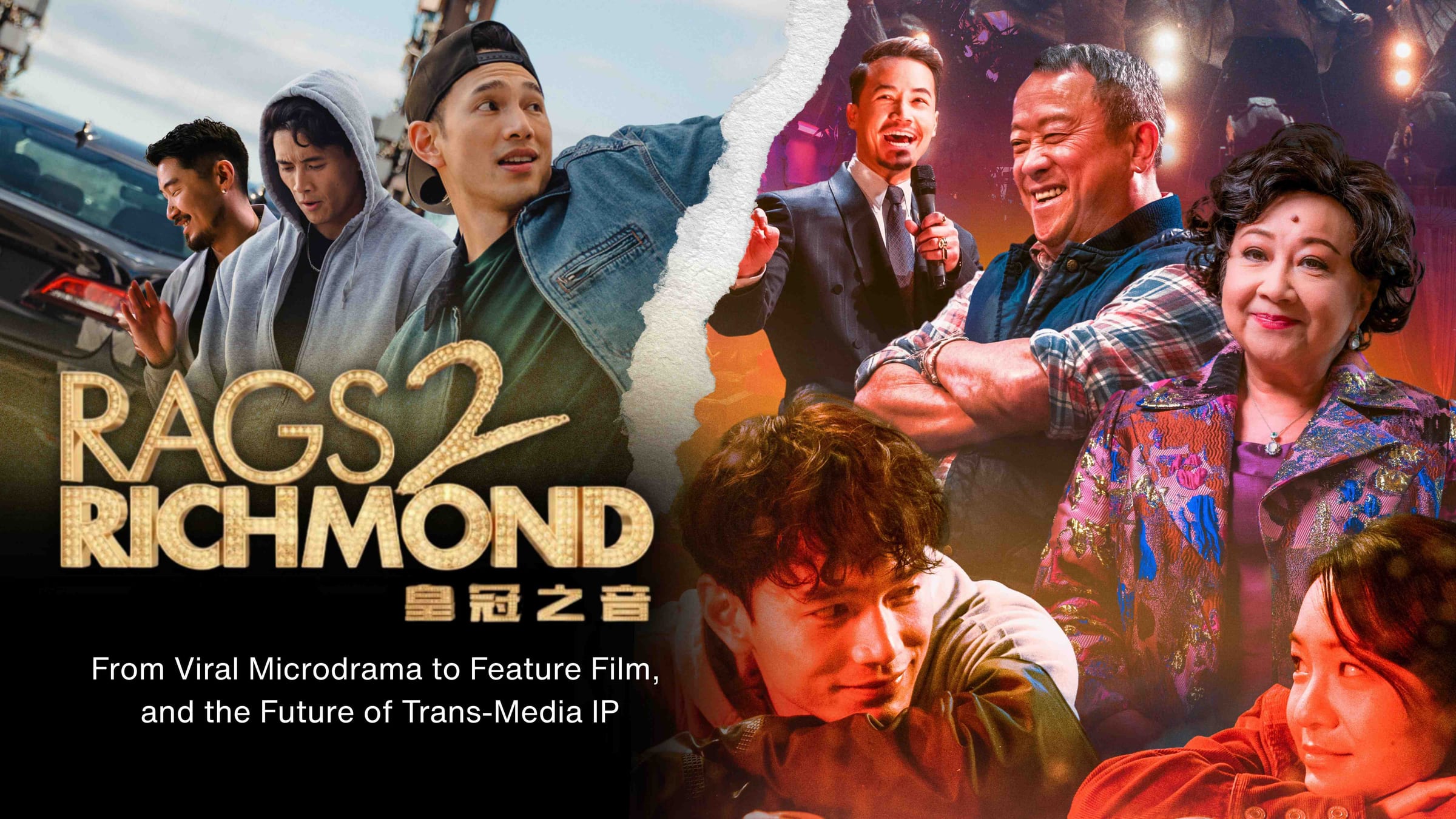Rags 2 Richmond feature film key art: the trio on the street on one side of a torn-paper split, the pageant cast on the other